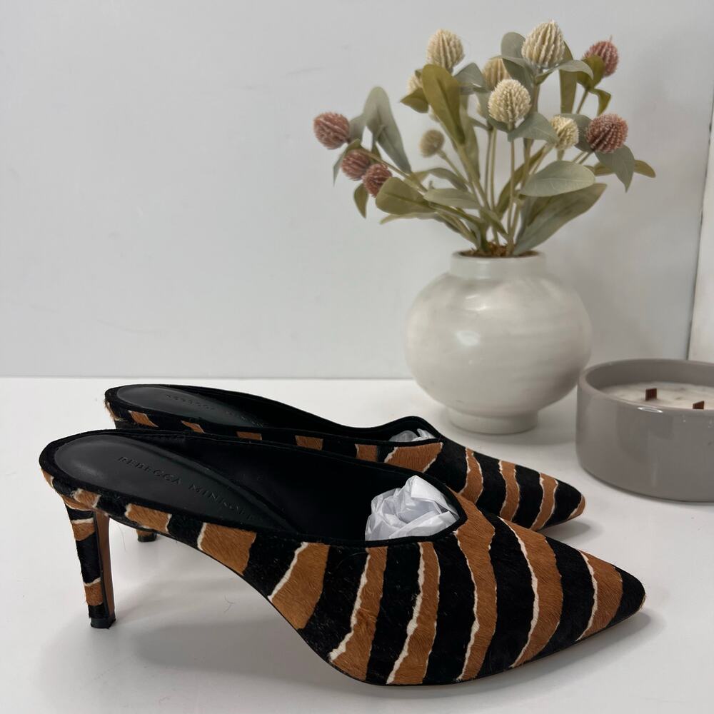 Rebecca Minkoff Gabion Tiger Striped Stiletto Mule Tan/Black/Cream Women 8.5